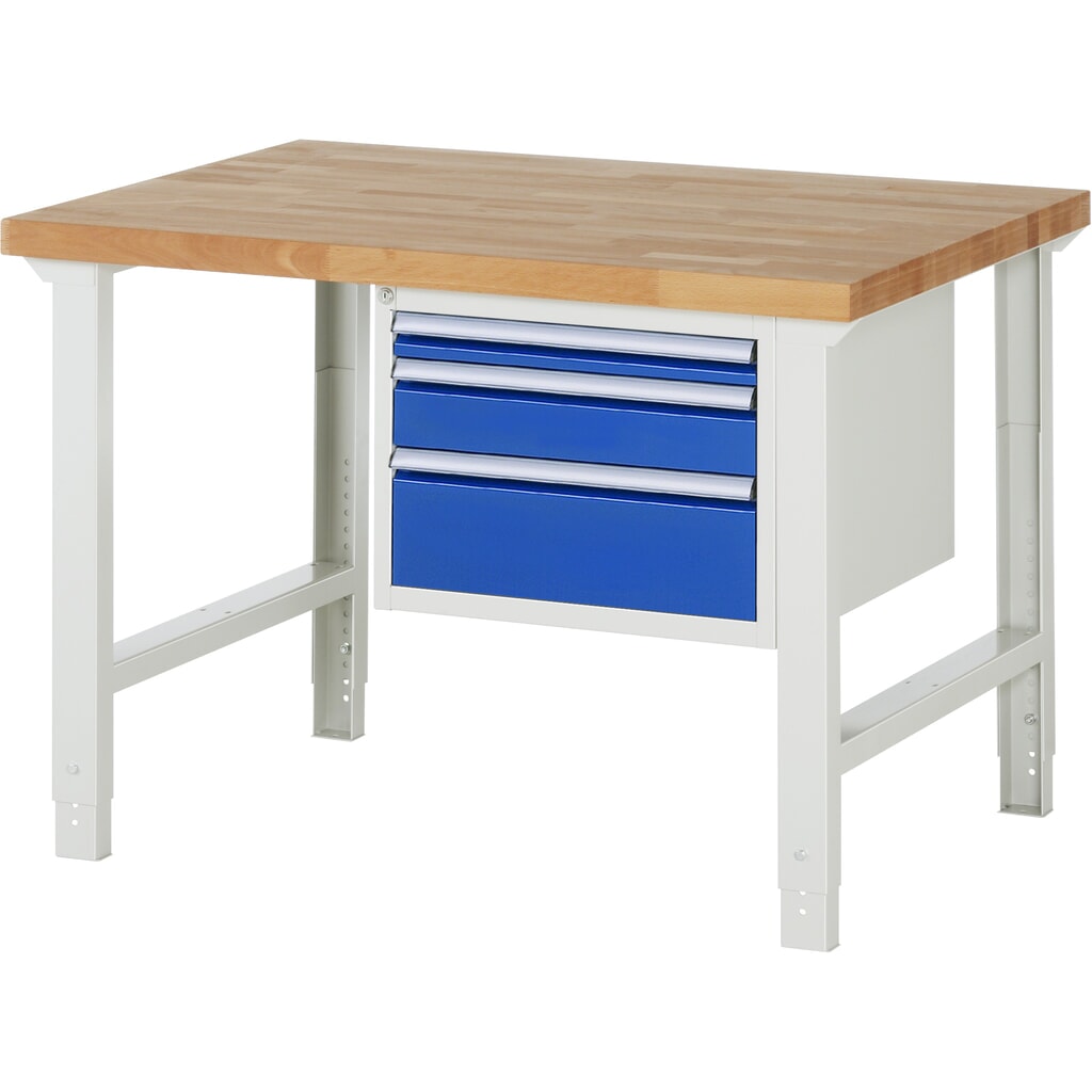 RAU Banco da lavoro Serie 7000, HxLxP 790-1.140 x 1.250 x 900 mm, 1 contenitore nella base a destra, con 3 cassetti Immagine del prodotto: RAU Banco da lavoro Serie 7000, HxLxP 790-1.140 x 1.250 x 900 mm, 1 contenitore nella base a destra, con 3 cassetti