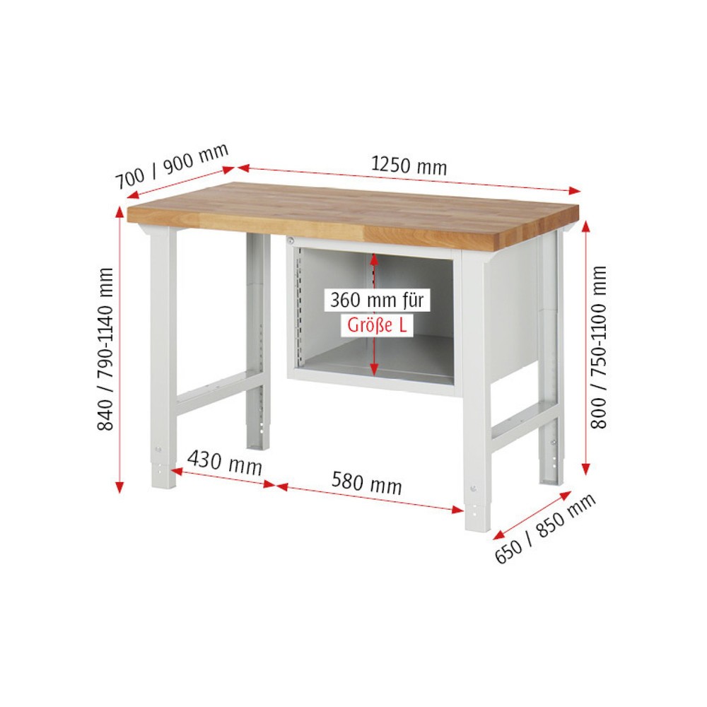 Immagine del prodotto n. 4: Banco da lavoro RAU serie 7000, 1 contenitore, AxLxP 840 x 1.250 x 900 mm, 3 cassetti estraibili al 90% 1 x 60, 1 x 120, 1 x 180 mm, portata cassetti 100 kg