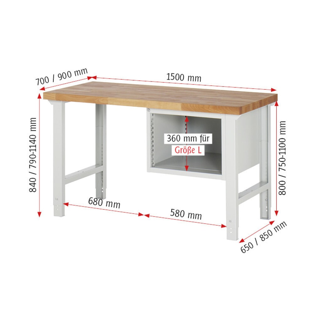 Immagine del prodotto n. 7: Banco da lavoro RAU serie 7000, 1 contenitore, AxLxP 790-1.140 x 1.500 x 900 mm, 4 cassetti estraibili al 100% 4 x 90 mm