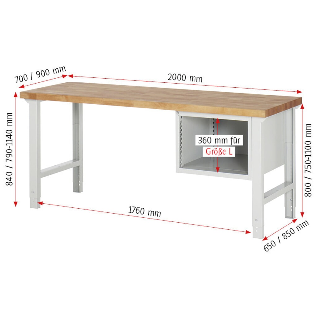 Immagine del prodotto n. 5: Banco da lavoro RAU serie 7000, 1 contenitore, AxLxP 840 x 2.000 x 900 mm, 2 cassetti estraibili al 90% 2 x 180 mm