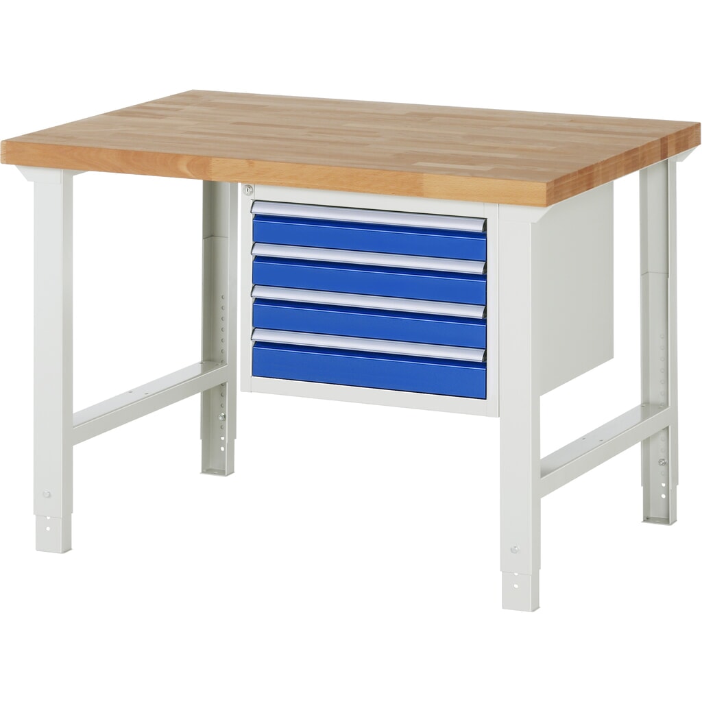 Immagine del prodotto: RAU Banco da lavoro Serie 7000, HxLxP 790-1.140 x 1.250 x 900 mm, 1 contenitore nella base a destra, con 4 cassetti