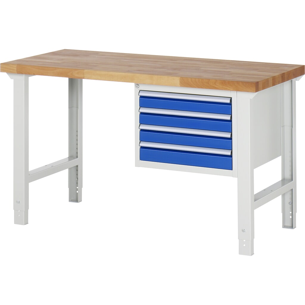 RAU Banco da lavoro Serie 7000, HxLxP 790-1.140 x 1.500 x 700 mm, 1 contenitore nella base a destra, con 4 cassetti Immagine del prodotto: RAU Banco da lavoro Serie 7000, HxLxP 790-1.140 x 1.500 x 700 mm, 1 contenitore nella base a destra, con 4 cassetti