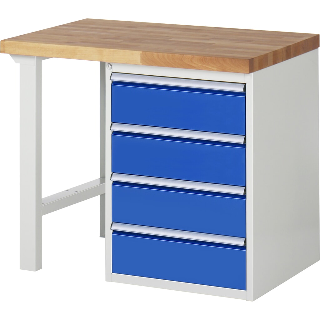 RAU Banco da lavoro Serie 7000, HxLxP 890 x 1.000 x 700 mm, 1 contenitore nella base a destra, con 4 cassetti Immagine del prodotto: RAU Banco da lavoro Serie 7000, HxLxP 890 x 1.000 x 700 mm, 1 contenitore nella base a destra, con 4 cassetti