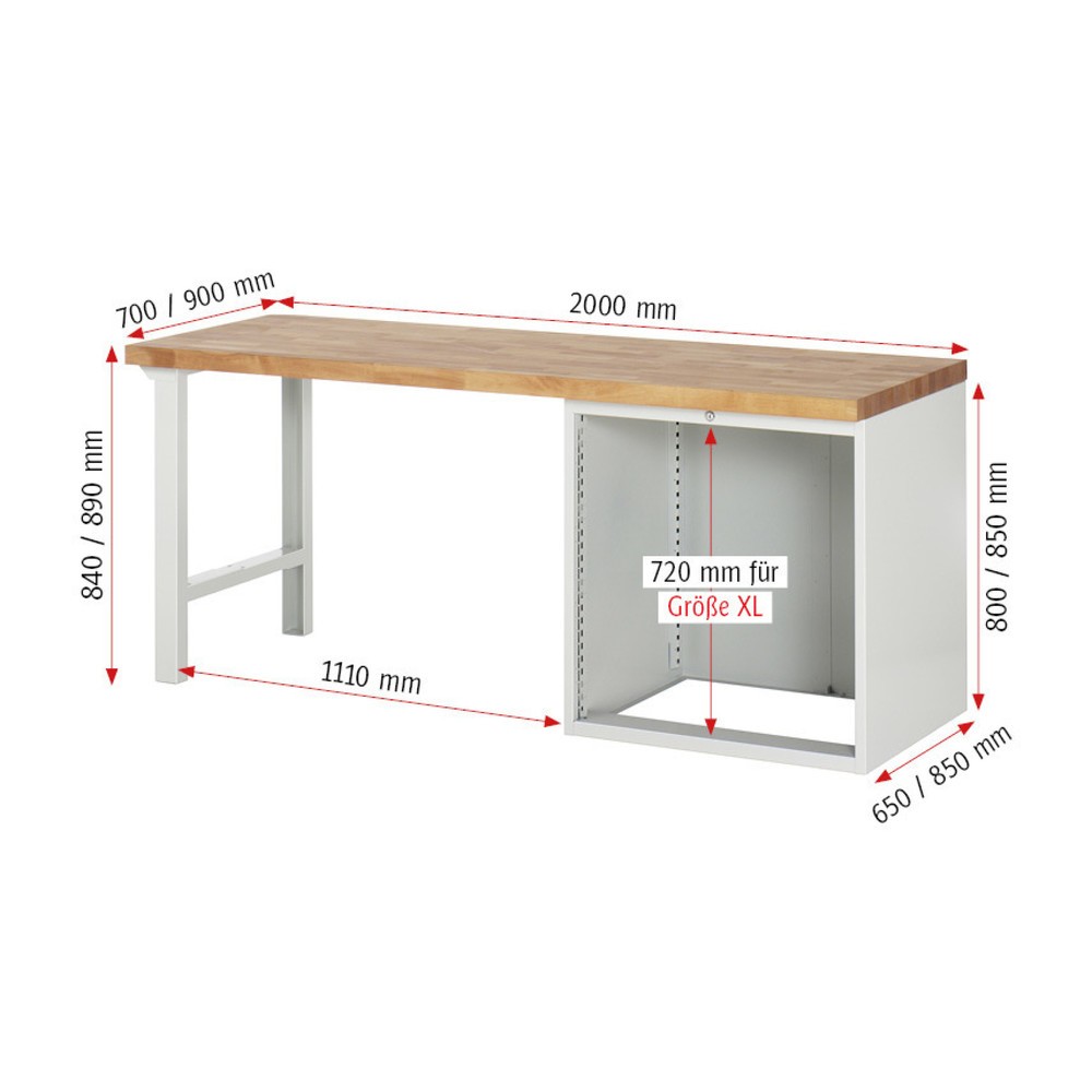 Immagine del prodotto n. 5: Banco da lavoro RAU serie 7000, 1 contenitore, AxLxP 890 x 2.000 x 900 mm, 4 cassetti estraibili al 90% 4 x 180 mm, portata cassetti 100 kg