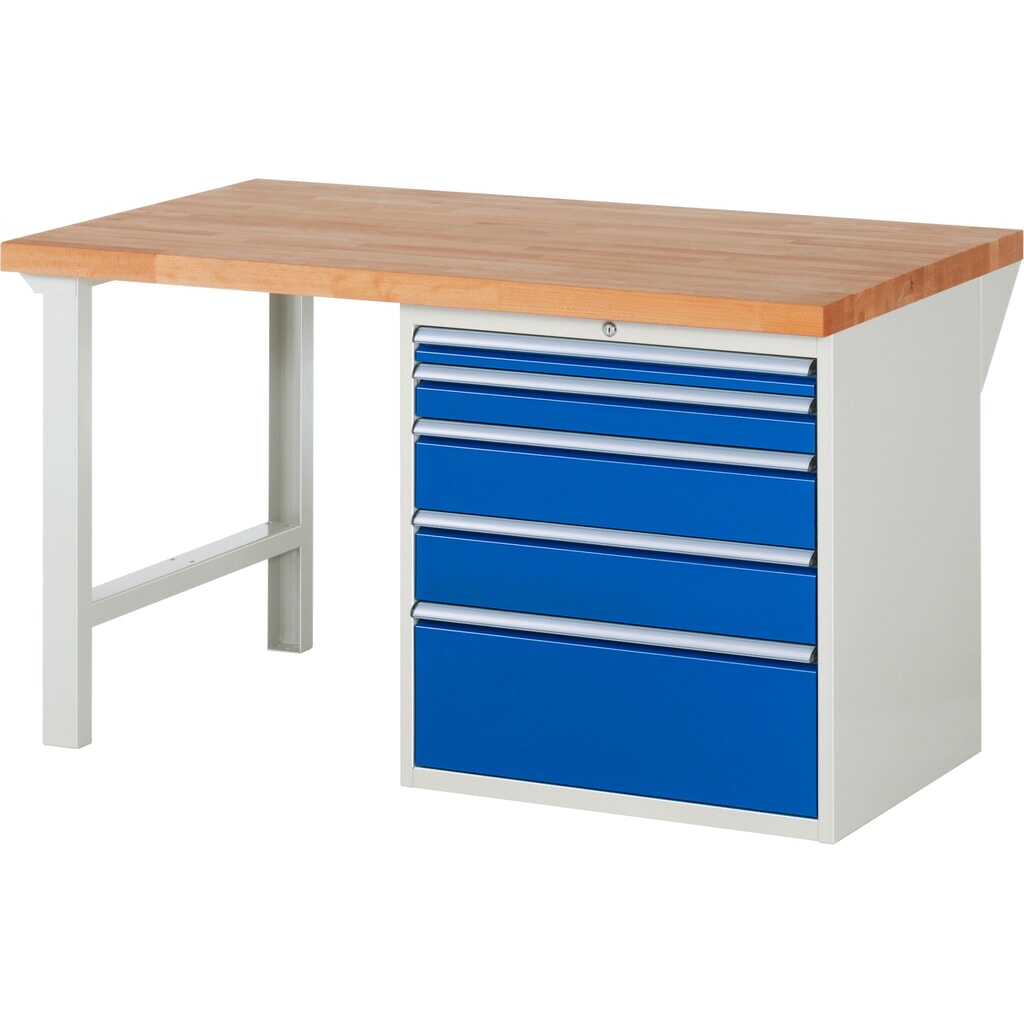 Immagine del prodotto: Banco da lavoro RAU serie 7000, 1 contenitore, AxLxP 840 x 1.500 x 900 mm, 5 cassetti estraibili al 90% 1 x 60, 1 x 90, 2 x 150, 1 x 270 mm, portata cassetti 100 kg