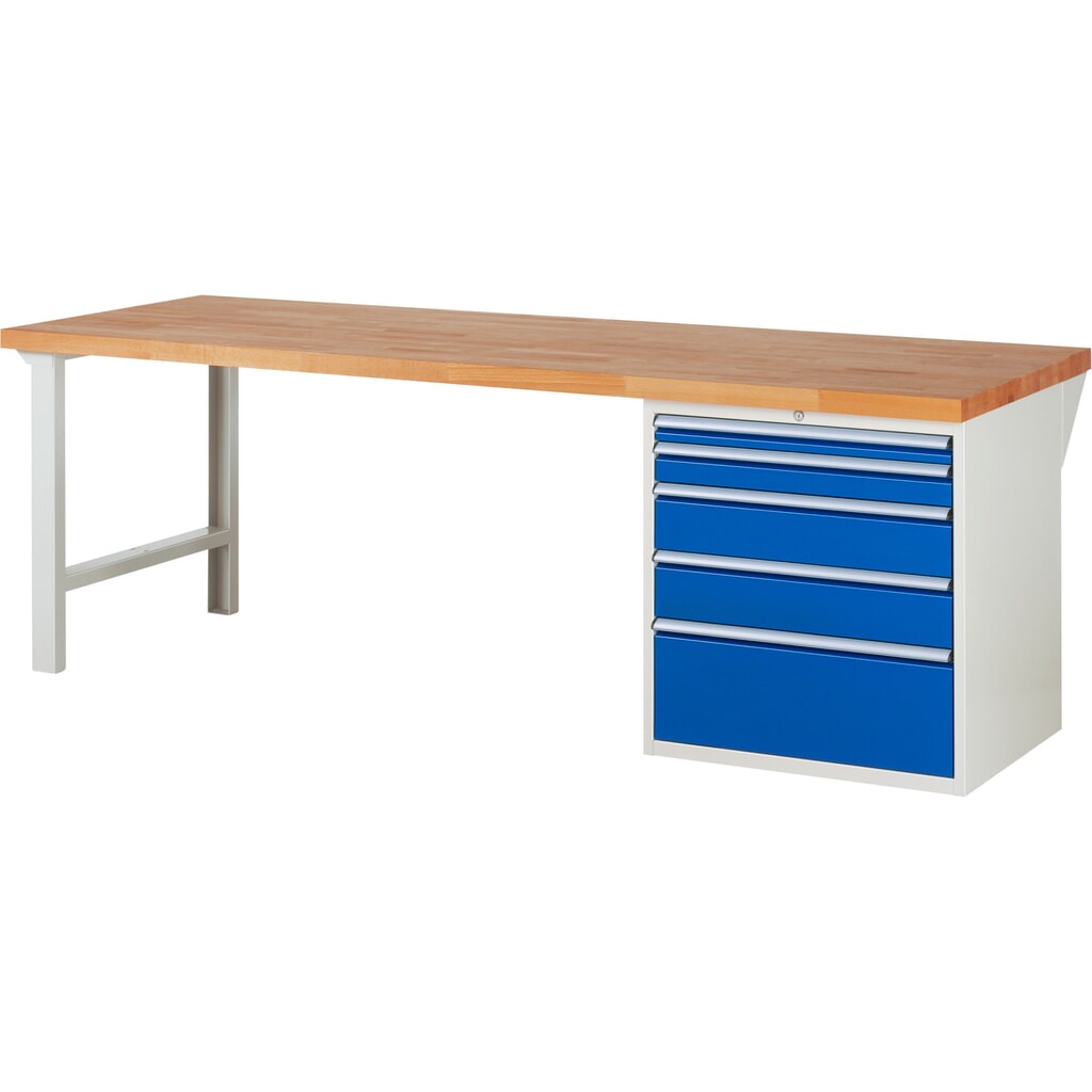 Immagine del prodotto: Banco da lavoro RAU serie 7000, 1 contenitore, AxLxP 840 x 2.500 x 900 mm, 5 cassetti estraibili al 100% 1 x 60, 1 x 90, 2 x 150, 1 x 270 mm, portata cassetti 100 kg