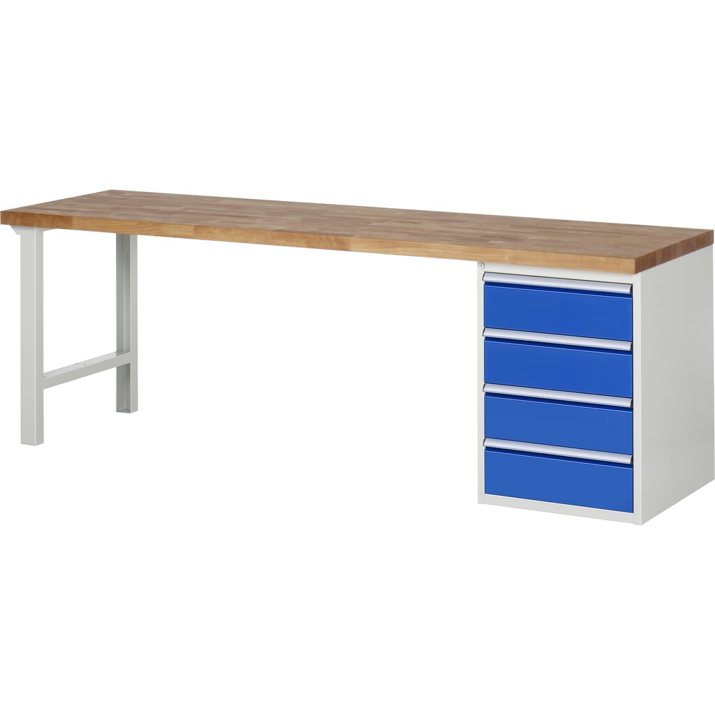 RAU Banco da lavoro Serie 7000, HxLxP 890 x 2.500 x 700 mm, 1 contenitore nella base a destra, con 4 cassetti Immagine del prodotto: RAU Banco da lavoro Serie 7000, HxLxP 890 x 2.500 x 700 mm, 1 contenitore nella base a destra, con 4 cassetti