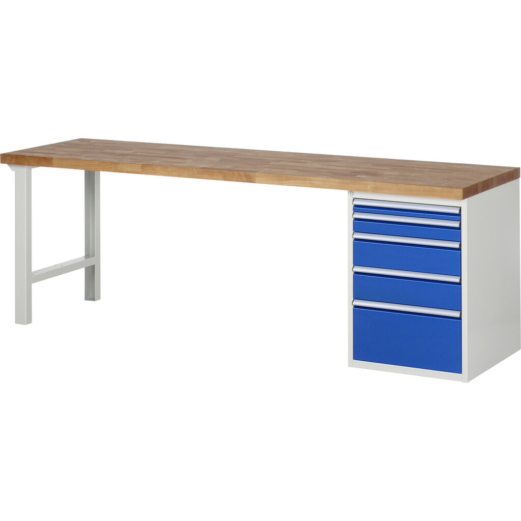 RAU Banco da lavoro Serie 7000, HxLxP 890 x 2.500 x 700 mm, 1 contenitore nella base a destra, con 5 cassetti Immagine del prodotto: RAU Banco da lavoro Serie 7000, HxLxP 890 x 2.500 x 700 mm, 1 contenitore nella base a destra, con 5 cassetti