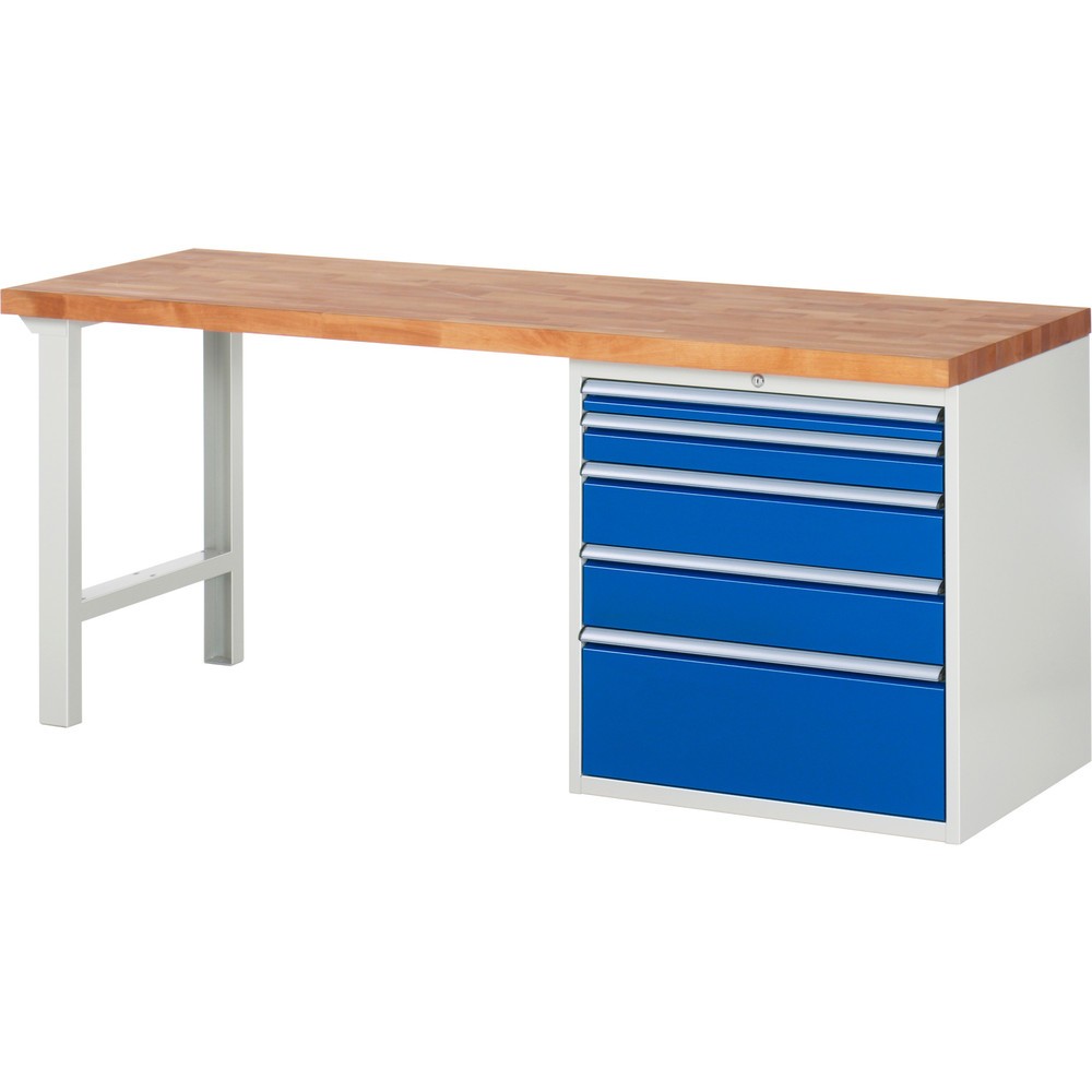 Immagine del prodotto: Banco da lavoro RAU serie 7000, 1 contenitore, AxLxP 890 x 2.000 x 700 mm, 5 cassetti estraibili al 100% 1 x 60, 1 x 90, 2 x 150, 1 x 270 mm, portata cassetti 100 kg
