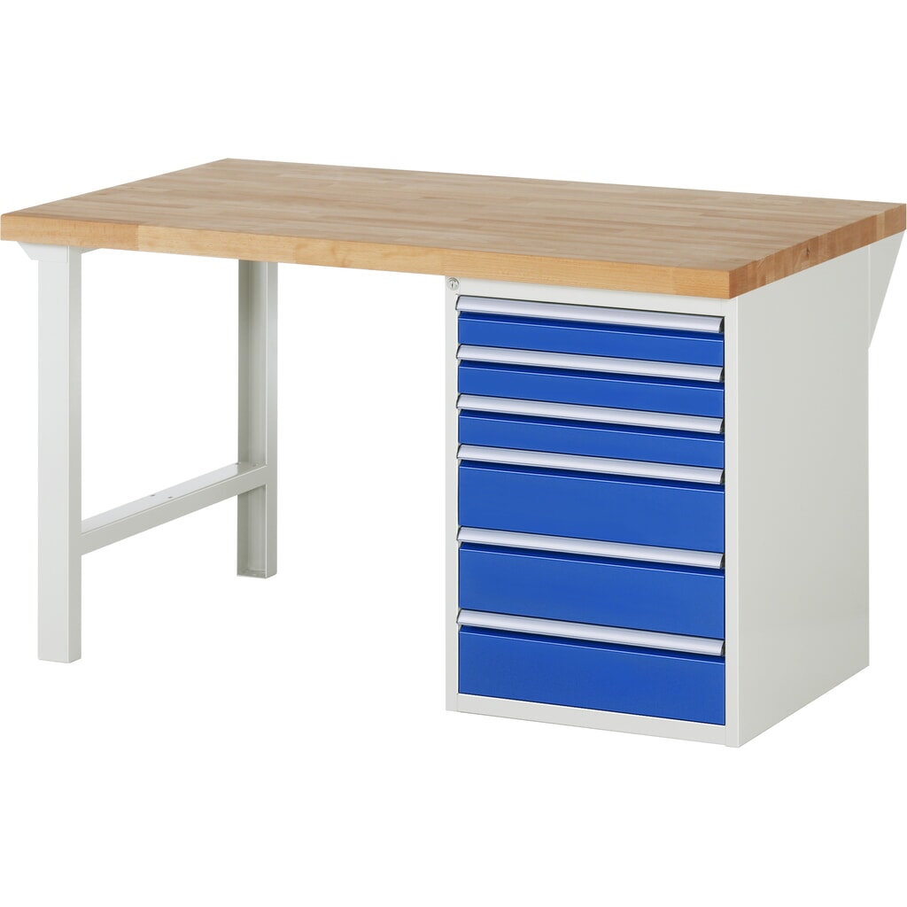RAU Banco da lavoro Serie 7000, HxLxP 890 x 1.500 x 900 mm, 1 contenitore nella base a destra, con 6 cassetti Immagine del prodotto: RAU Banco da lavoro Serie 7000, HxLxP 890 x 1.500 x 900 mm, 1 contenitore nella base a destra, con 6 cassetti