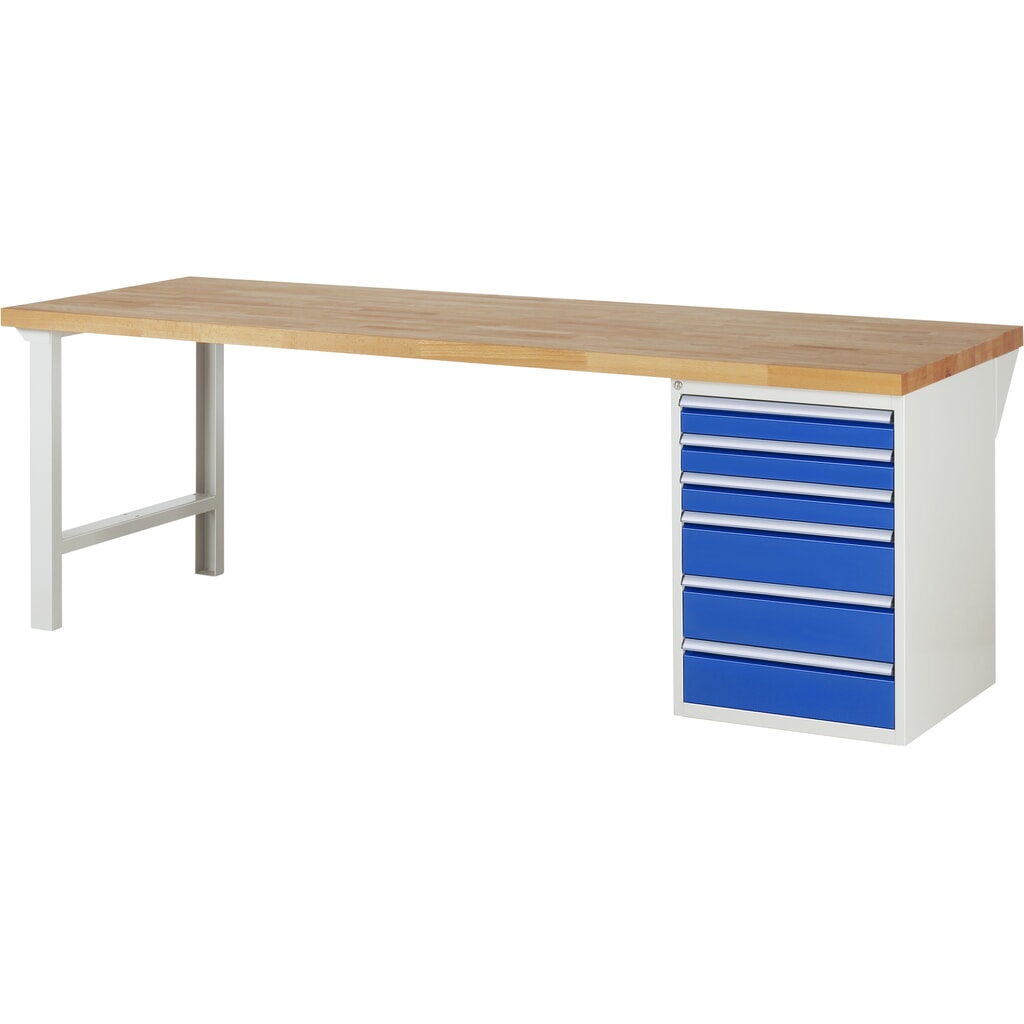 RAU Banco da lavoro Serie 7000, HxLxP 890 x 2.500 x 900 mm, 1 contenitore nella base a destra, con 6 cassetti Immagine del prodotto: RAU Banco da lavoro Serie 7000, HxLxP 890 x 2.500 x 900 mm, 1 contenitore nella base a destra, con 6 cassetti