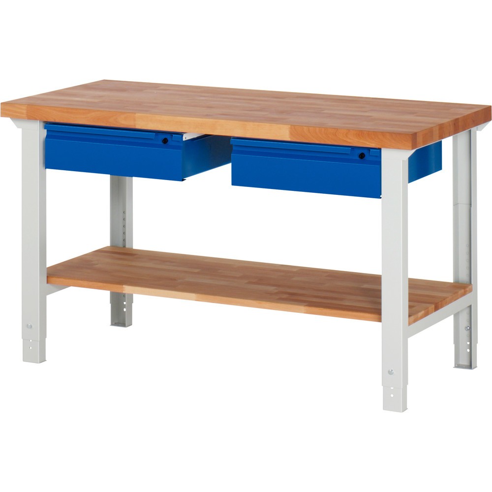 Immagine del prodotto n. 1: Banco da lavoro RAU serie 7000, 1 piano di appoggio in faggio massiccio, AxLxP 790-1.140 x 1.500 x 700 mm, 2 cassetti 2 x 150 mm