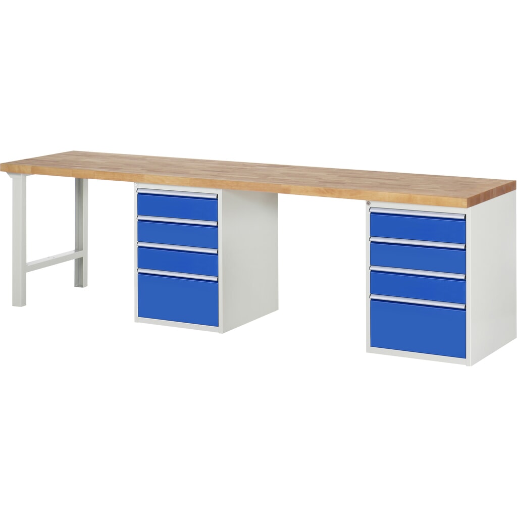 RAU Banco da lavoro Serie 7000, HxLxP 890 x 3.000 x 700 mm, 2 contenitori nella base, ciascuno con 4 cassetti Immagine del prodotto: RAU Banco da lavoro Serie 7000, HxLxP 890 x 3.000 x 700 mm, 2 contenitori nella base, ciascuno con 4 cassetti