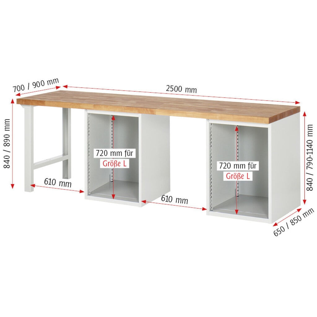 Immagine del prodotto n. 6: Banco da lavoro RAU serie 7000, 2 contenitori, AxLxP 890 x 2.500 x 700 mm, 16 cassetti estraibili al 90%