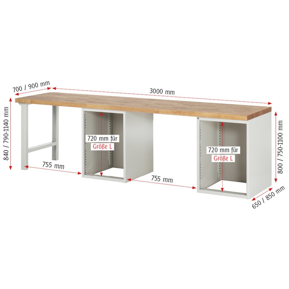 Immagine del prodotto n. 6: Banco da lavoro RAU serie 7000, 2 contenitori, AxLxP 890 x 3.000 x 700 mm, 4 cassetti estraibili al 90%, 1 ripiano, 2 ante battenti