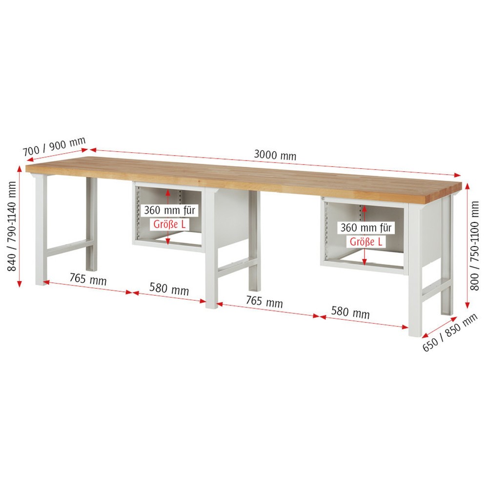 Immagine del prodotto n. 4: Banco da lavoro RAU serie 7000, portata 750 kg, 2 contenitori, AxLxP 840 x 3.000 x 700 mm, 6 cassetti estraibili al 90% 6 x 120 mm