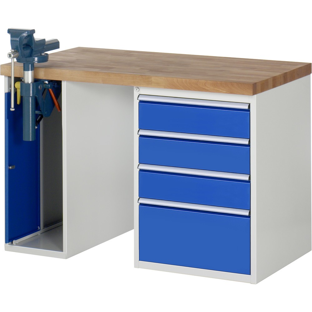 Immagine del prodotto: RAU Banco da lavoro Serie 7000, HxLxP 890 x 1.250 x 700 mm, 1 contenitore nella base con 4 cassetti e morsa da banco retrattile
