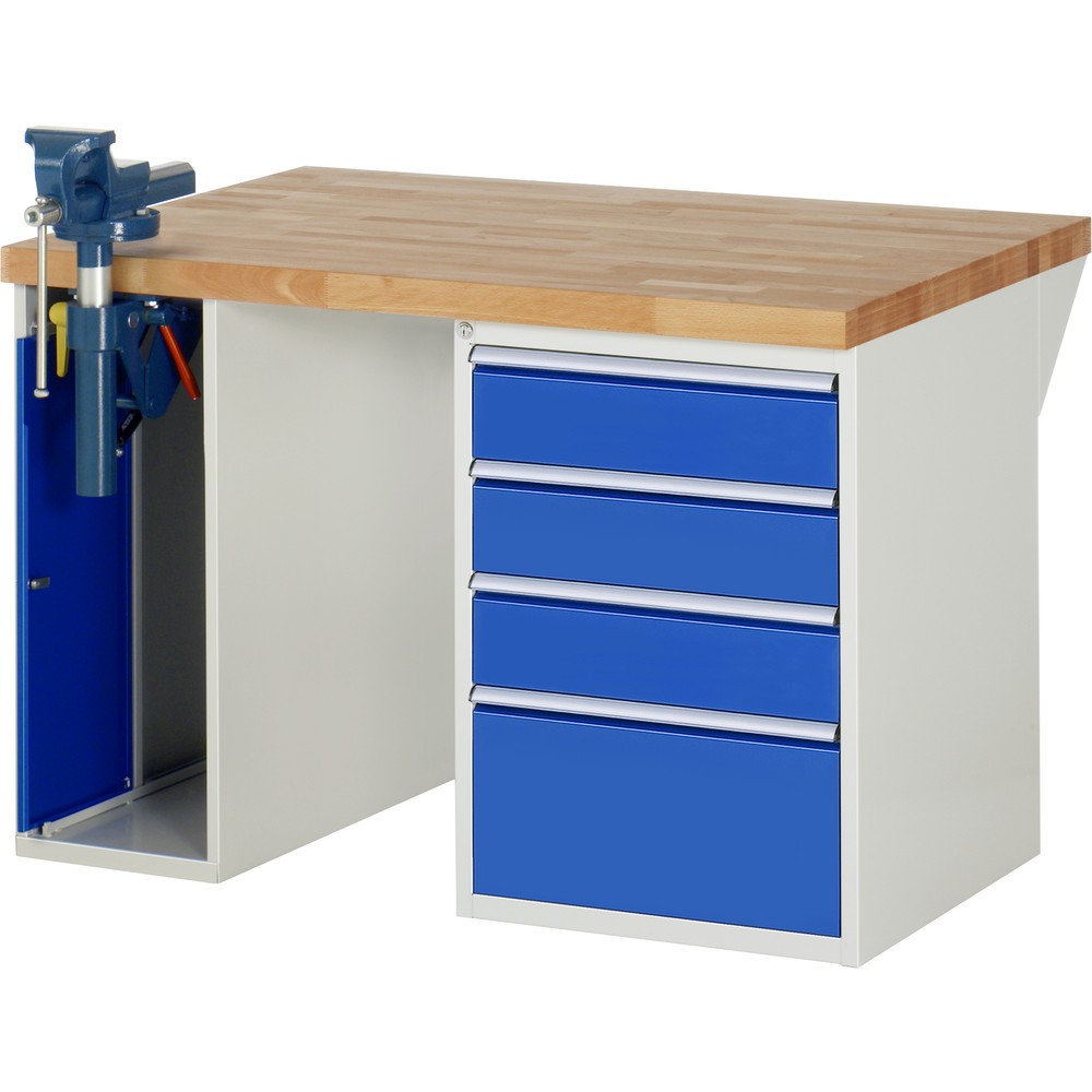 Immagine del prodotto: RAU Banco da lavoro Serie 7000, HxLxP 890 x 1.250 x 900 mm, 1 contenitore nella base con 4 cassetti e morsa da banco retrattile