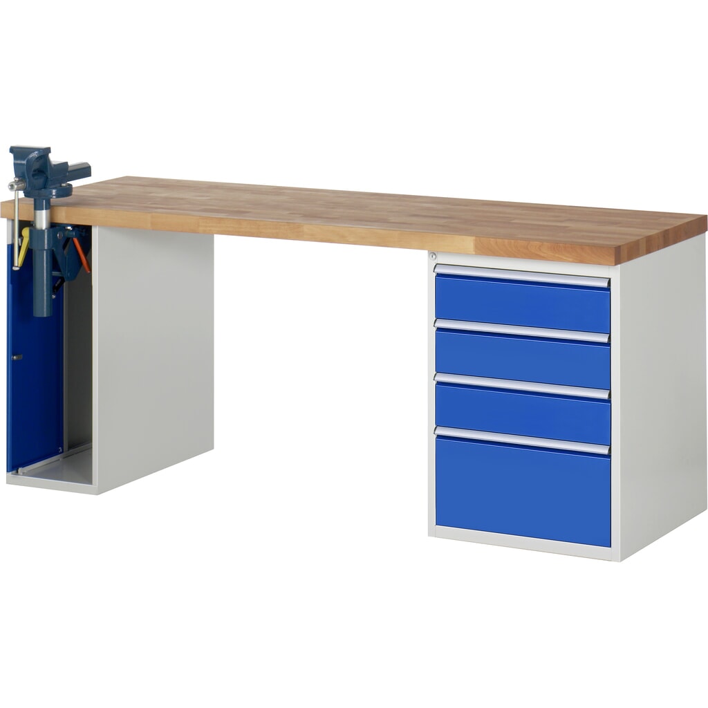 Immagine del prodotto: RAU Banco da lavoro Serie 7000, HxLxP 890 x 2.000 x 700 mm, 1 contenitore nella base con 4 cassetti e morsa da banco retrattile