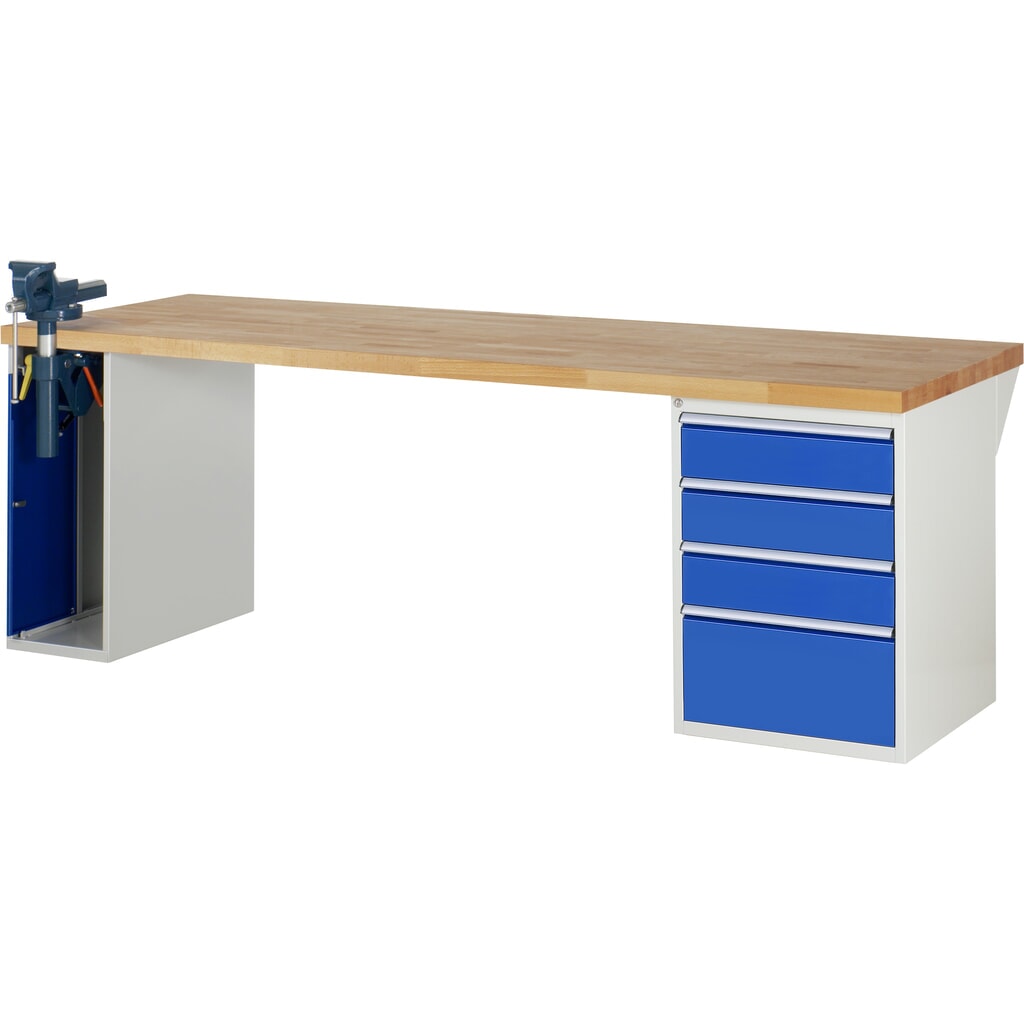 Immagine del prodotto: RAU Banco da lavoro Serie 7000, HxLxP 890 x 2.500 x 900 mm, 1 contenitore nella base con 4 cassetti e morsa da banco retrattile
