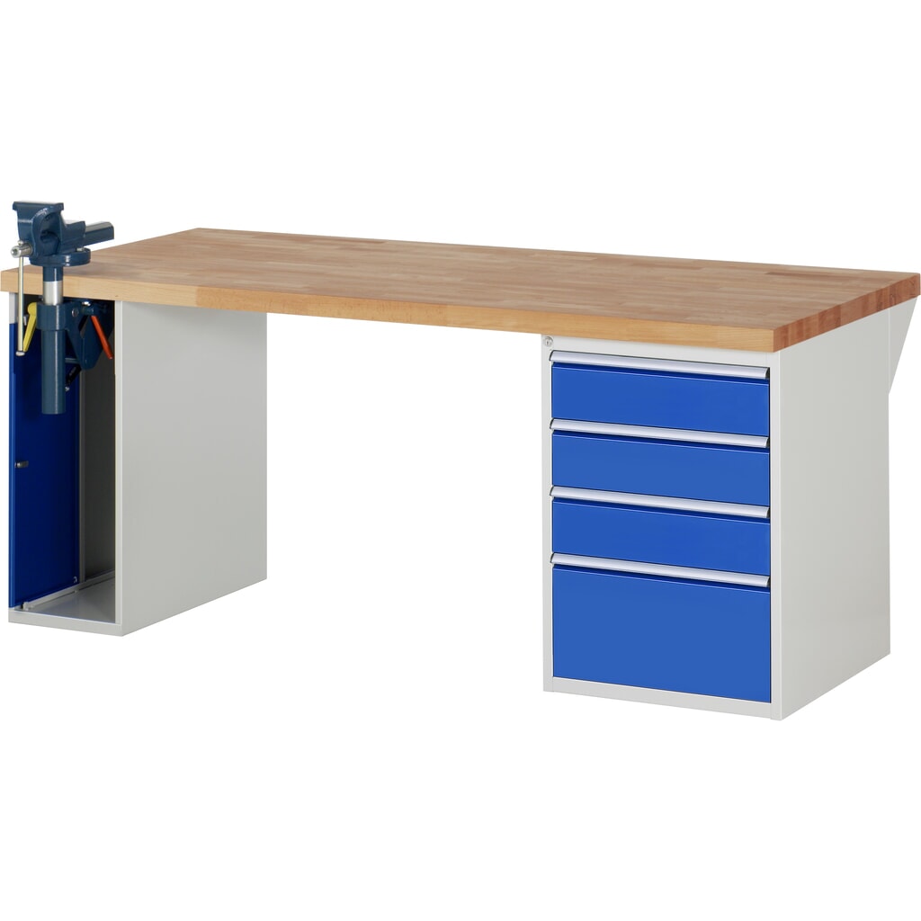 Immagine del prodotto: RAU Banco da lavoro Serie 7000, HxLxP 890 x 2.000 x 900 mm, 1 contenitore nella base con 4 cassetti e morsa da banco retrattile
