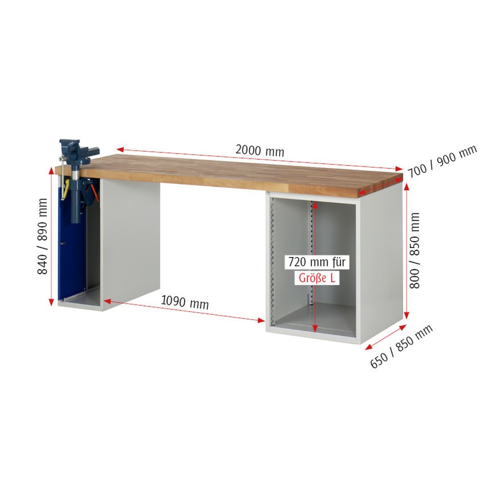 Immagine del prodotto n. 5: Banco da lavoro RAU serie 7000, 2 contenitori, AxLxP 840 x 2.000 x 900 mm, 5 cassetti 1 x 60 mm, 1 x 90 mm, 2 x 150 mm, 1 x 270 mm