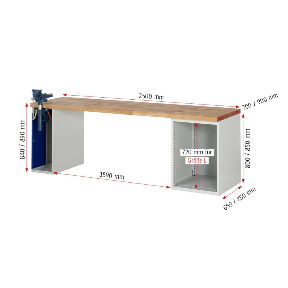 Immagine del prodotto n. 5: Banco da lavoro RAU serie 7000, 2 contenitori, AxLxP 840 x 2.500 x 700 mm, 4 cassetti estraibili al 90% 3 x 150 mm, 1 x 270 mm, portata cassetti 100 kg