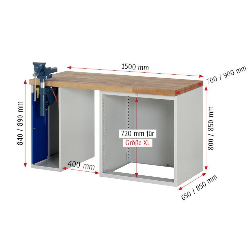 Immagine del prodotto n. 4: Banco da lavoro RAU serie 7000, 2 contenitori, AxLxP 840 x 1.500 x 900 mm, 4 cassetti estraibili al 90% 3 x 150 mm, 1 x 270 mm, portata cassetti 100 kg