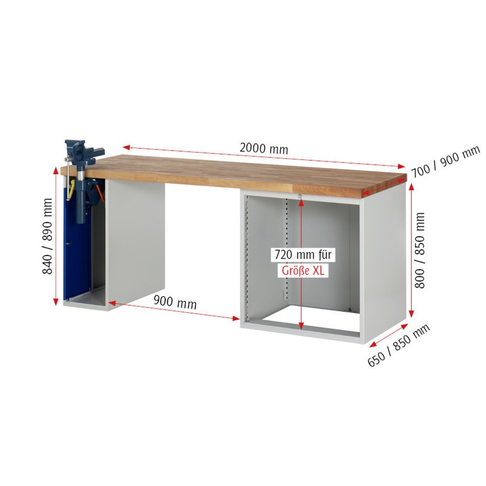 Immagine del prodotto n. 5: Banco da lavoro RAU serie 7000, 2 contenitori, AxLxP 890 x 2.000 x 900 mm, 4 cassetti estraibili al 90%, portata cassetti 75 kg