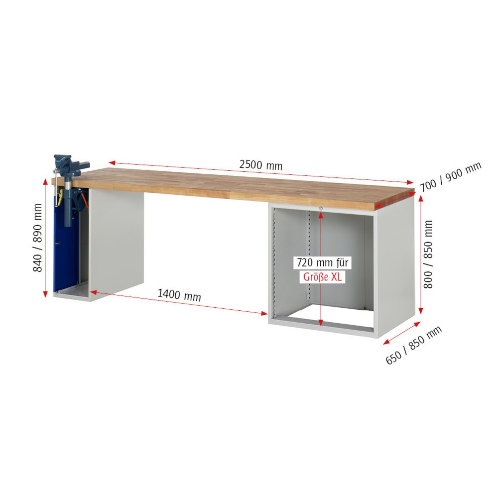 Immagine del prodotto n. 6: Banco da lavoro RAU serie 7000, 2 contenitori, AxLxP 890 x 2.500 x 900 mm, 4 cassetti estraibili al 90%, portata cassetti 75 kg