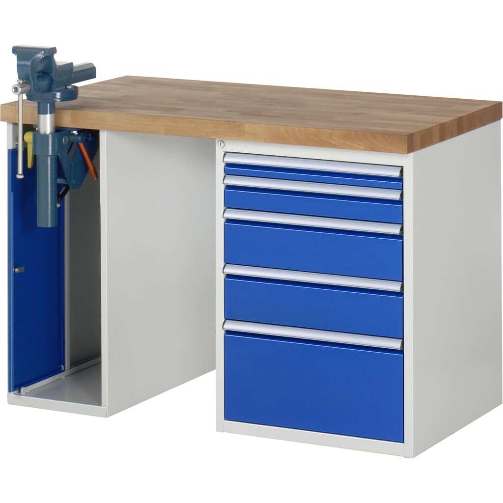 Immagine del prodotto: RAU Banco da lavoro Serie 7000, HxLxP 890 x 1.250 x 700 mm, 1 contenitore nella base con 5 cassetti e morsa da banco retrattile