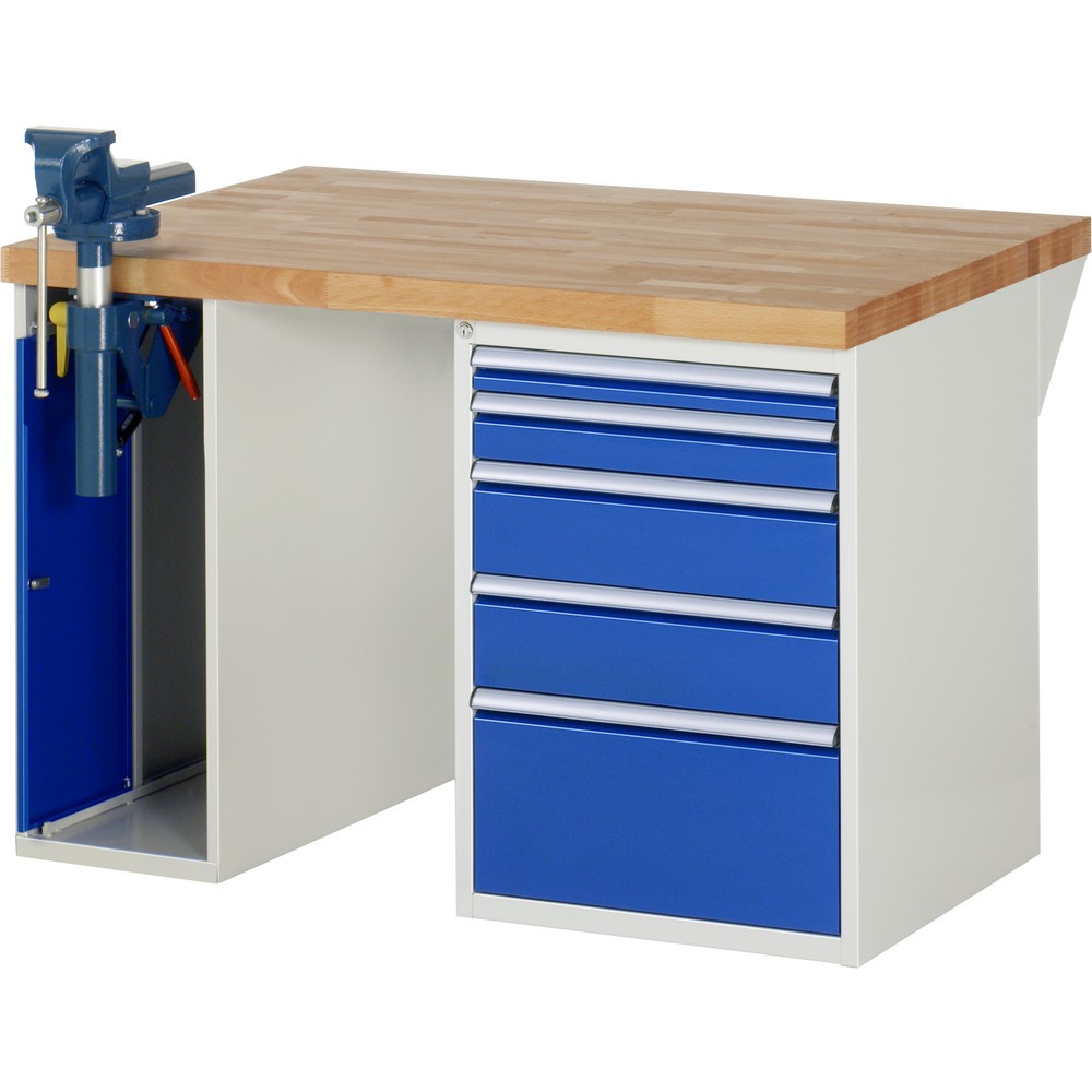 Immagine del prodotto: RAU Banco da lavoro Serie 7000, HxLxP 890 x 1.250 x 900 mm, 1 contenitore nella base con 5 cassetti e morsa da banco retrattile