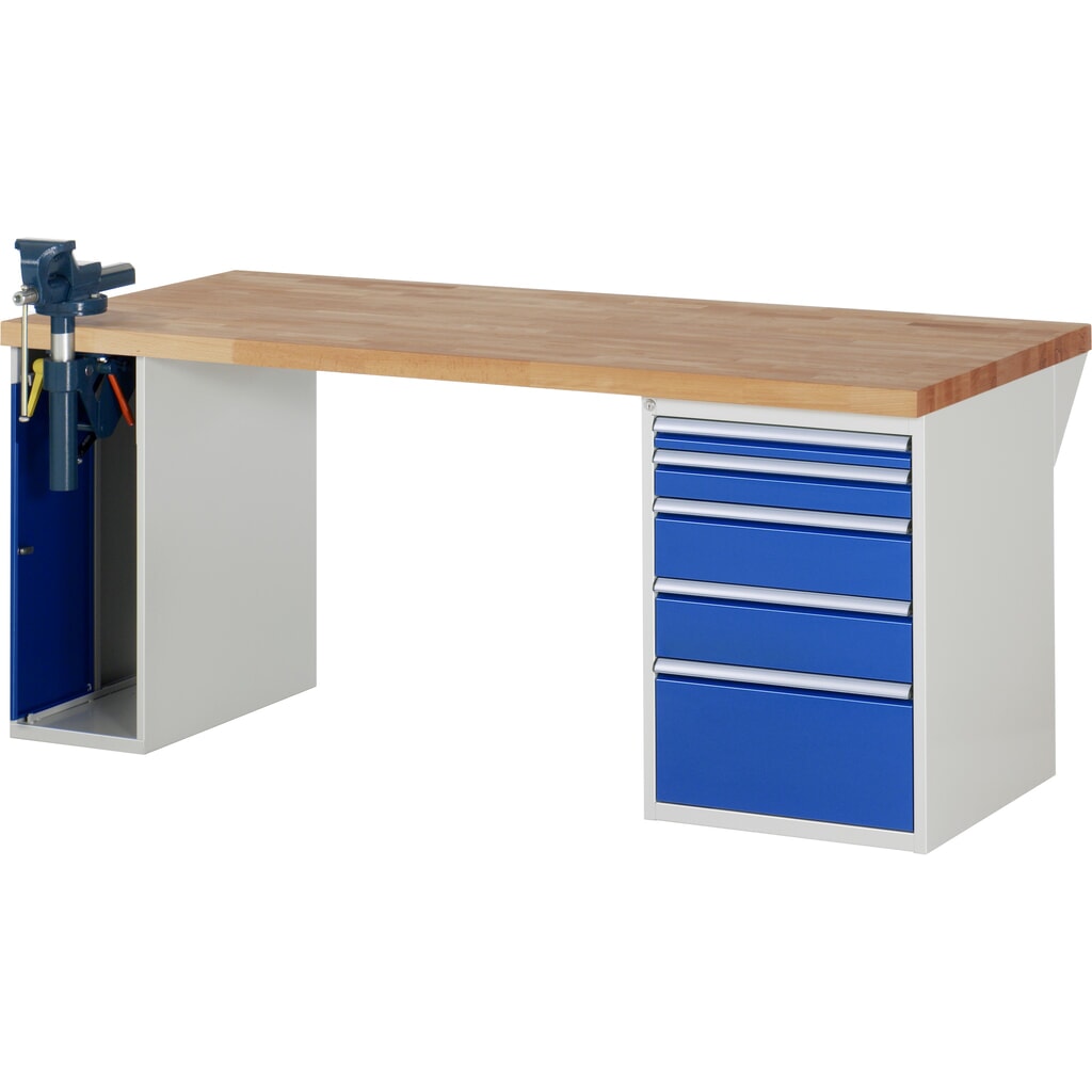 RAU Banco da lavoro Serie 7000, HxLxP 890 x 2.000 x 900 mm, 1 contenitore nella base con 5 cassetti e morsa da banco retrattile Immagine del prodotto: RAU Banco da lavoro Serie 7000, HxLxP 890 x 2.000 x 900 mm, 1 contenitore nella base con 5 cassetti e morsa da banco retrattile