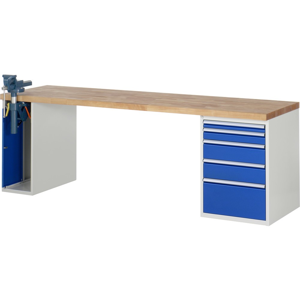 Immagine del prodotto: RAU Banco da lavoro Serie 7000, HxLxP 890 x 2.500 x 700 mm, 1 contenitore nella base con 5 cassetti e morsa da banco retrattile