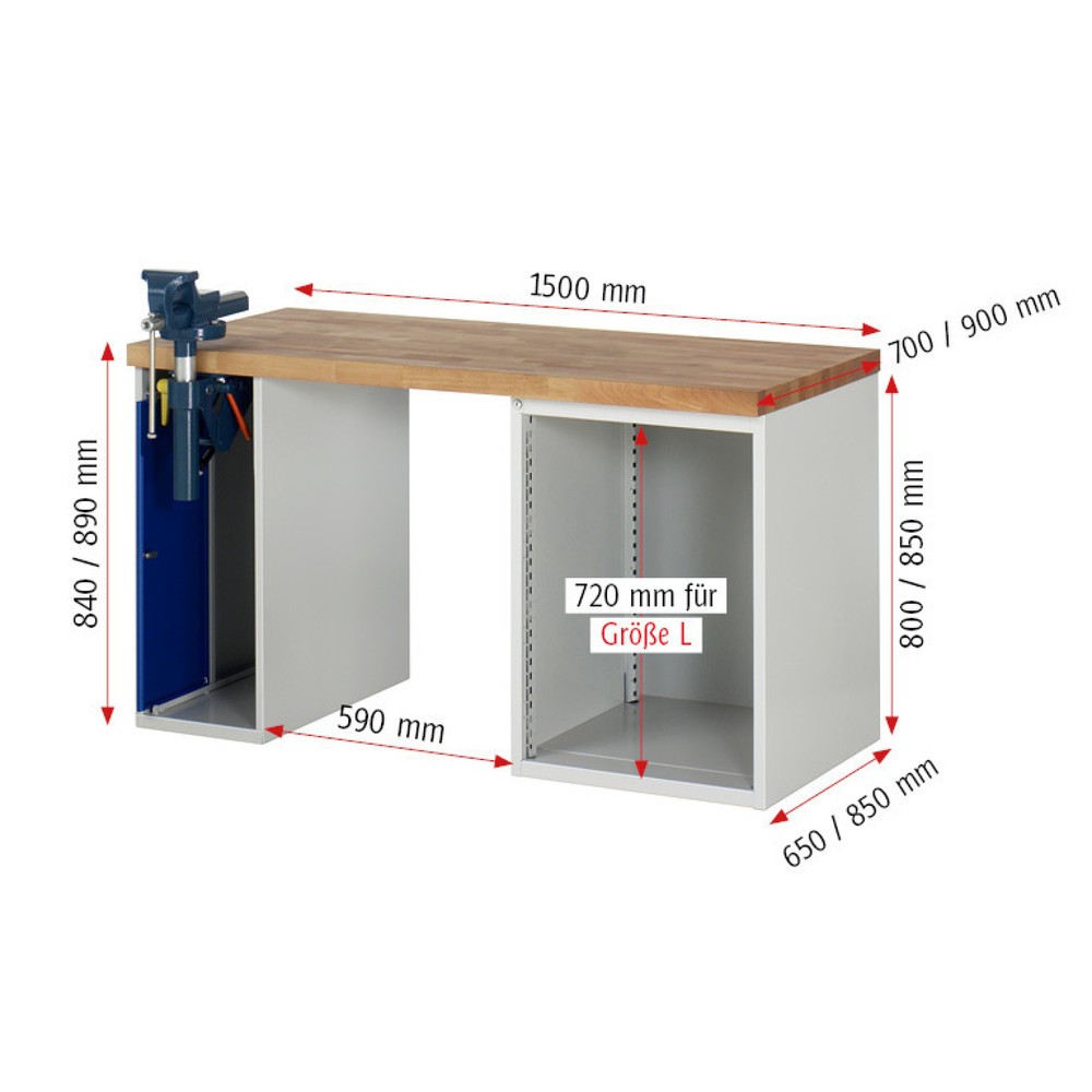 Immagine del prodotto n. 6: Banco da lavoro RAU serie 7000, 2 contenitori, AxLxP 890 x 1.500 x 700 mm, 5 cassetti, morsa