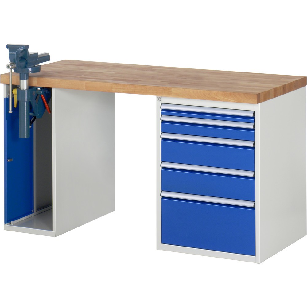 Immagine del prodotto: RAU Banco da lavoro Serie 7000, HxLxP 890 x 1.500 x 700 mm, 1 contenitore nella base con 5 cassetti e morsa da banco retrattile