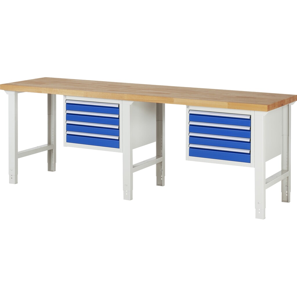 RAU Banco da lavoro Serie 7000, HxLxP 790-1.140 x 2.500 x 700 mm, 2 contenitori nella base, ciascuno con 4 cassetti Immagine del prodotto n. 1: RAU Banco da lavoro Serie 7000, HxLxP 790-1.140 x 2.500 x 700 mm, 2 contenitori nella base, ciascuno con 4 cassetti