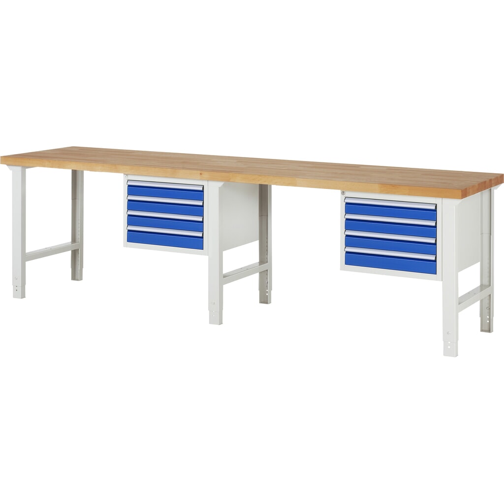 RAU Banco da lavoro Serie 7000, HxLxP 790-1.140 x 3.000 x 700 mm, 2 contenitori nella base, ciascuno con 4 cassetti Immagine del prodotto: RAU Banco da lavoro Serie 7000, HxLxP 790-1.140 x 3.000 x 700 mm, 2 contenitori nella base, ciascuno con 4 cassetti