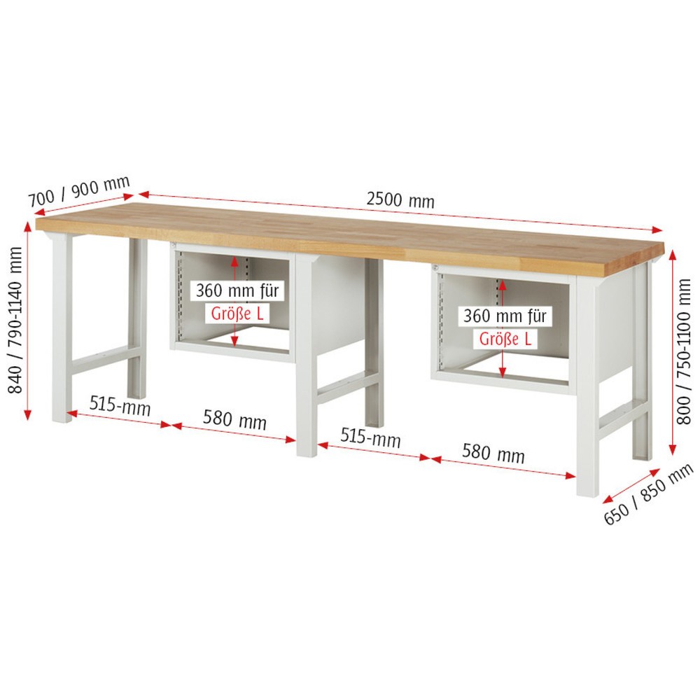 Immagine del prodotto n. 5: Banco da lavoro RAU serie 7000, 2 contenitori, AxLxP 790-1.140 x 2.500 x 900 mm, 4 cassetti estraibili al 90% 4 x 180 mm