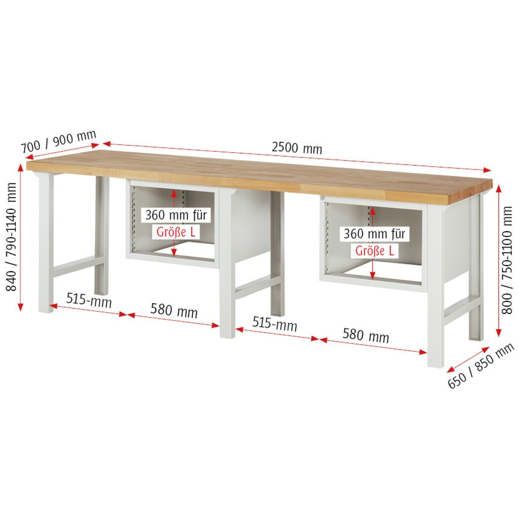 Immagine del prodotto n. 6: Banco da lavoro RAU serie 7000, 2 contenitori, AxLxP 790-1.140 x 2.500 x 700 mm, 4 cassetti estraibili al 90% 2 x 150 mm, 2 x 210 mm
