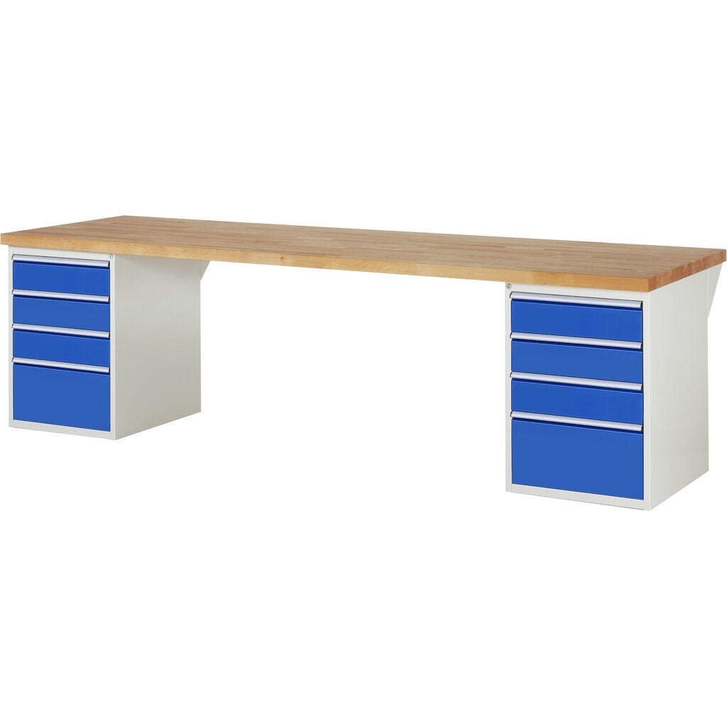 RAU Banco da lavoro Serie 7000, HxLxP 890 x 3.000 x 900 mm, 2 contenitori nella base, ciascuno con 4 cassetti Immagine del prodotto: RAU Banco da lavoro Serie 7000, HxLxP 890 x 3.000 x 900 mm, 2 contenitori nella base, ciascuno con 4 cassetti