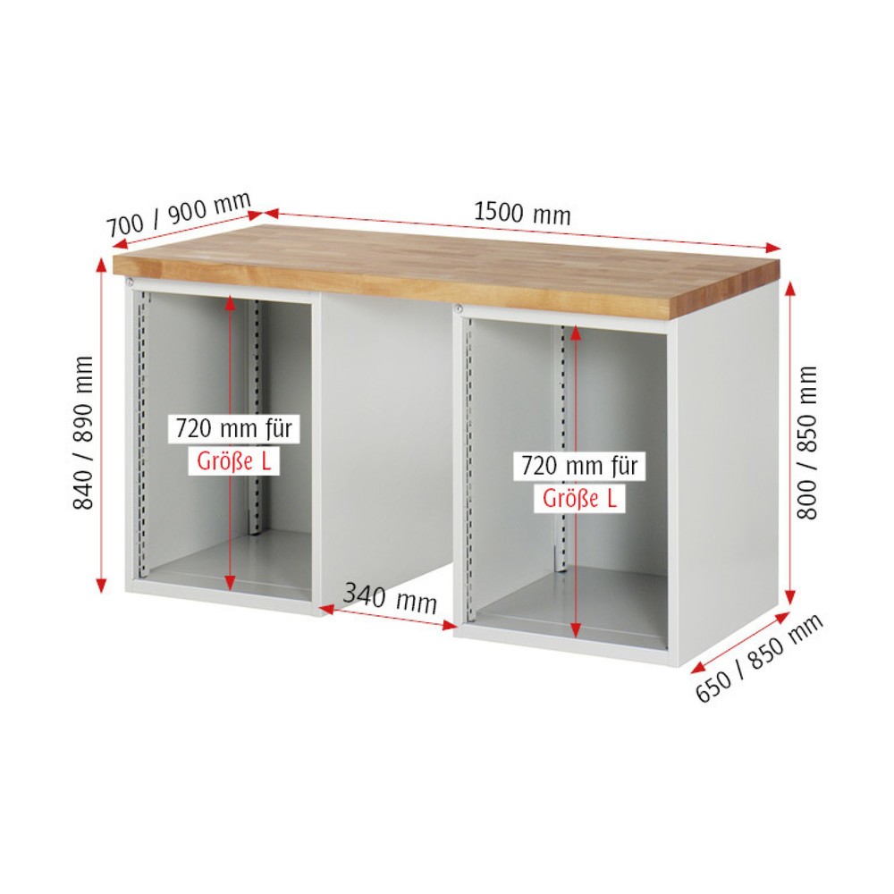 Immagine del prodotto n. 4: Banco da lavoro RAU serie 7000, 2 contenitori, AxLxP 840 x 1.500 x 700 mm, 12 cassetti estraibili al 90% 3 x 60 mm, 3 x 90 mm, 1 x 120 mm, 1 x 150 mm, 4 x 180 mm