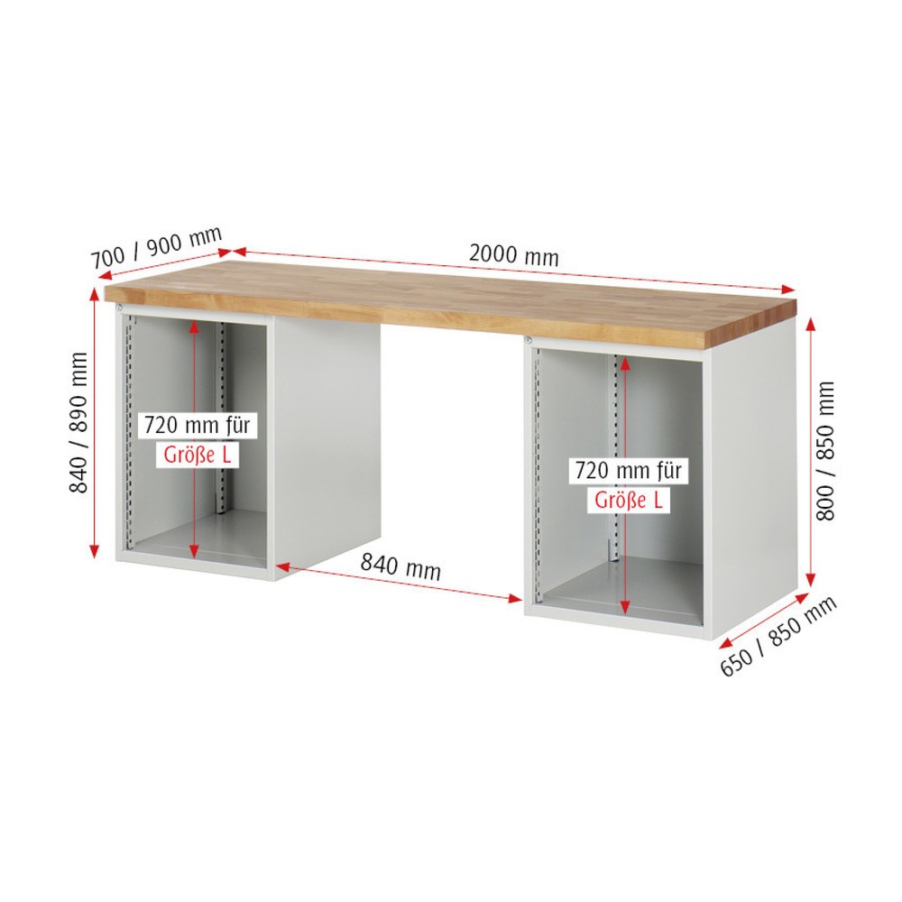 Immagine del prodotto n. 4: Banco da lavoro RAU serie 7000, 2 contenitori, AxLxP 840 x 2.000 x 900 mm, 12 cassetti estraibili al 100% 3 x 60 mm, 3 x 90 mm, 1 x 120 mm, 1 x 150 mm, 4 x 180 mm