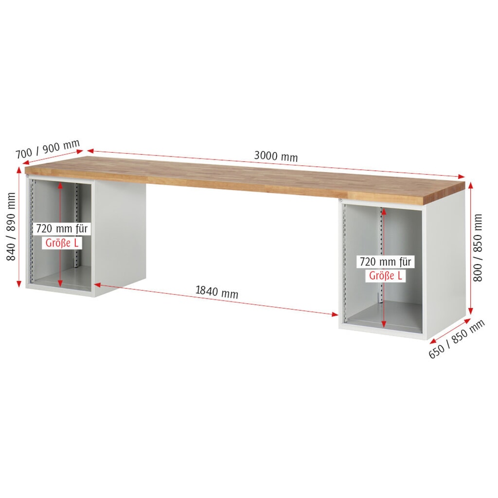 Immagine del prodotto n. 6: Banco da lavoro RAU serie 7000, 2 contenitori, AxLxP 890 x 3.000 x 700 mm, 8 cassetti estraibili al 90% 3 x 150, 4 x 180, 1 x 270 mm