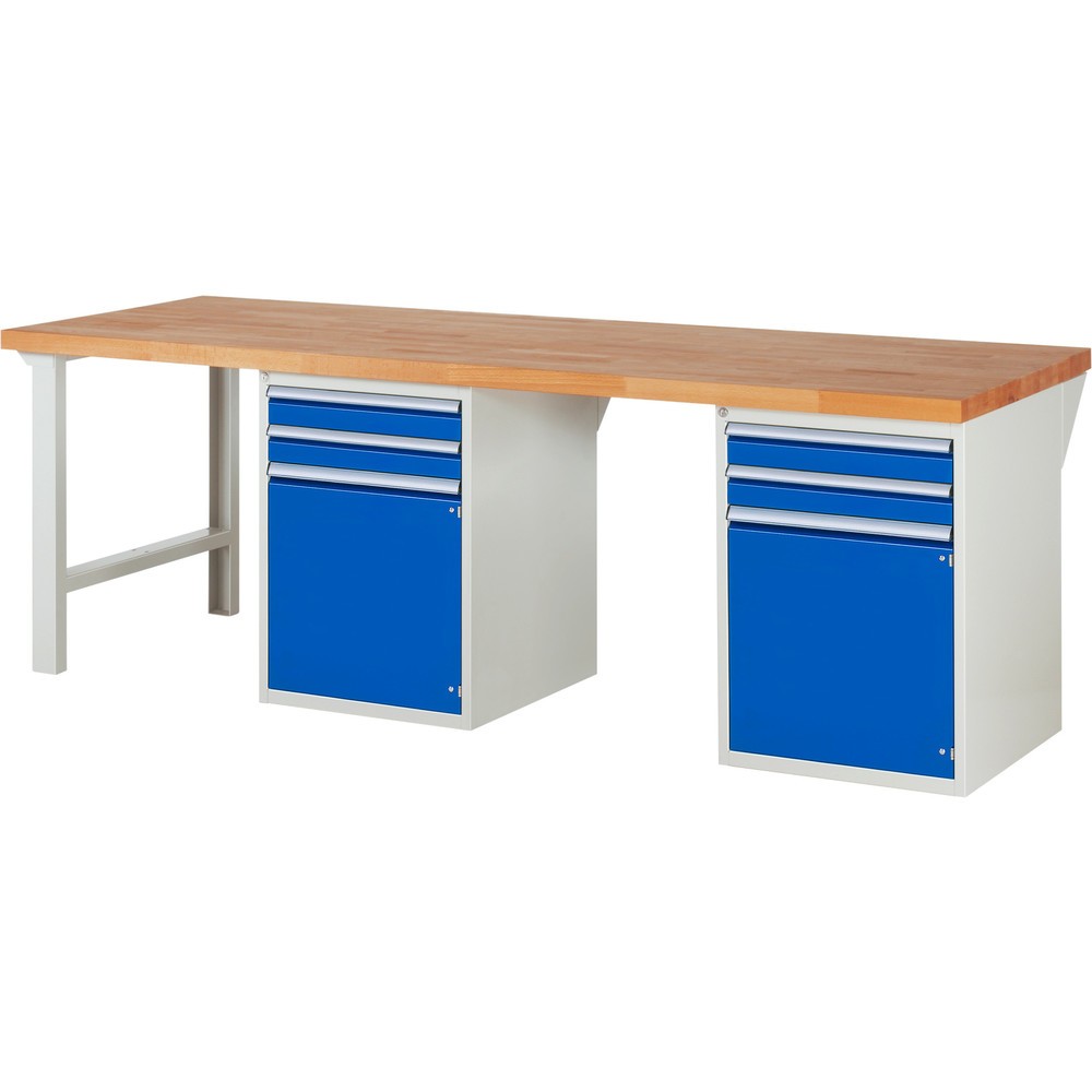 Immagine del prodotto: Banco da lavoro RAU serie 7000, 2 contenitori, AxLxP 840 x 2.500 x 900 mm, 4 cassetti estraibili al 90%, 1 ripiano, 2 ante battenti