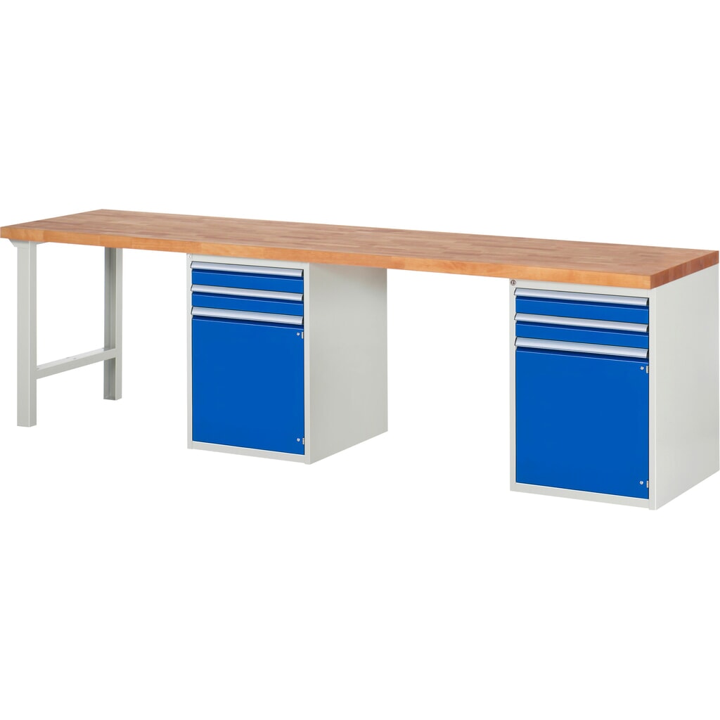 Immagine del prodotto: Banco da lavoro RAU serie 7000, 2 contenitori, AxLxP 890 x 3.000 x 700 mm, 4 cassetti estraibili al 100%, 1 ripiano, 2 ante battenti