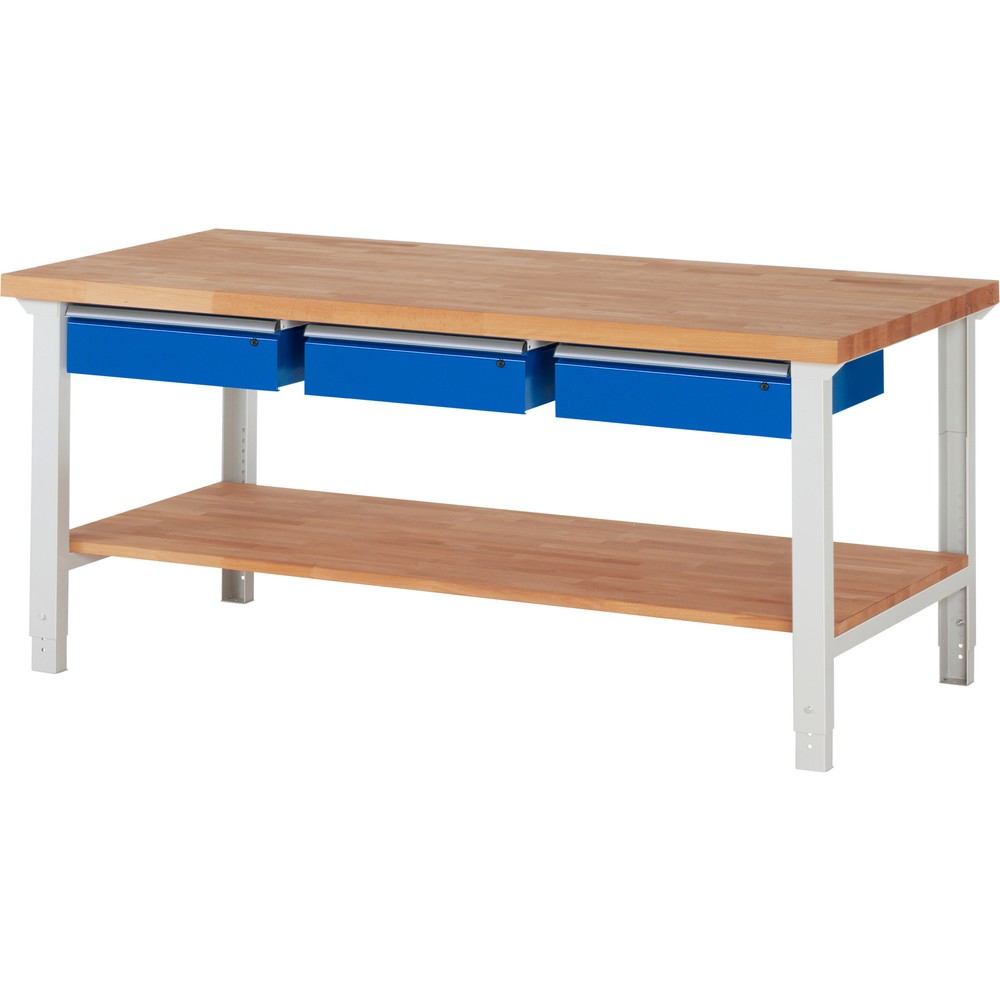 Immagine del prodotto: Banco da lavoro RAU serie 7000, 1 piano di appoggio in faggio massiccio, AxLxP 790-1.140 x 2.000 x 900 mm, 3 cassetti 3 x 150 mm