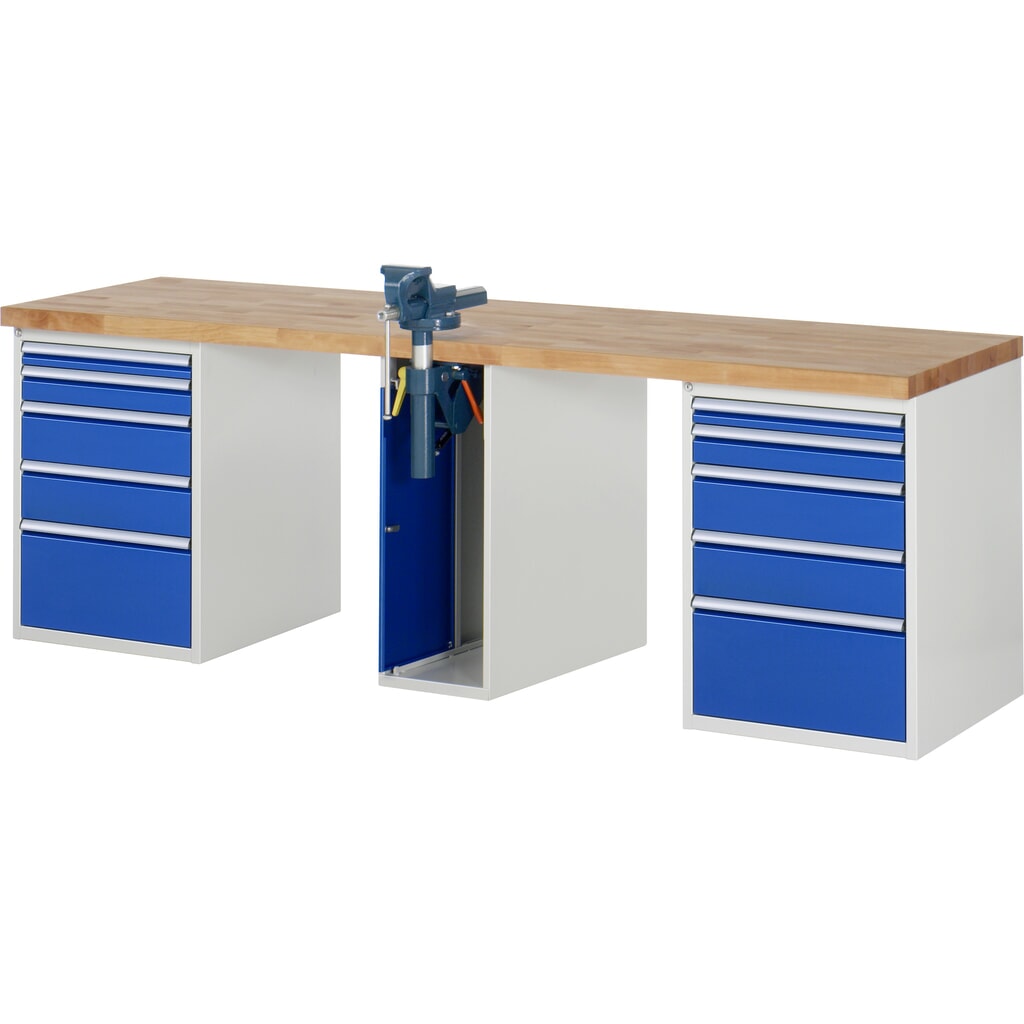Immagine del prodotto: RAU Banco da lavoro Serie 7000, HxLxP 890 x 2.500 x 700 mm, 2 contenitori nella base, ciascuno con 5 cassetti e morsa da banco centrale retrattile