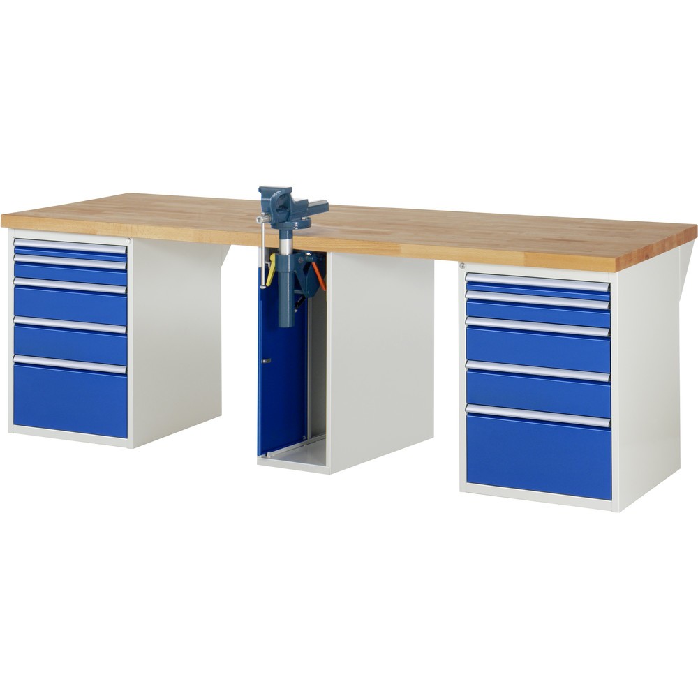 Immagine del prodotto: RAU Banco da lavoro Serie 7000, HxLxP 890 x 2.500 x 900 mm, 2 contenitori nella base, ciascuno con 5 cassetti e morsa da banco centrale retrattile