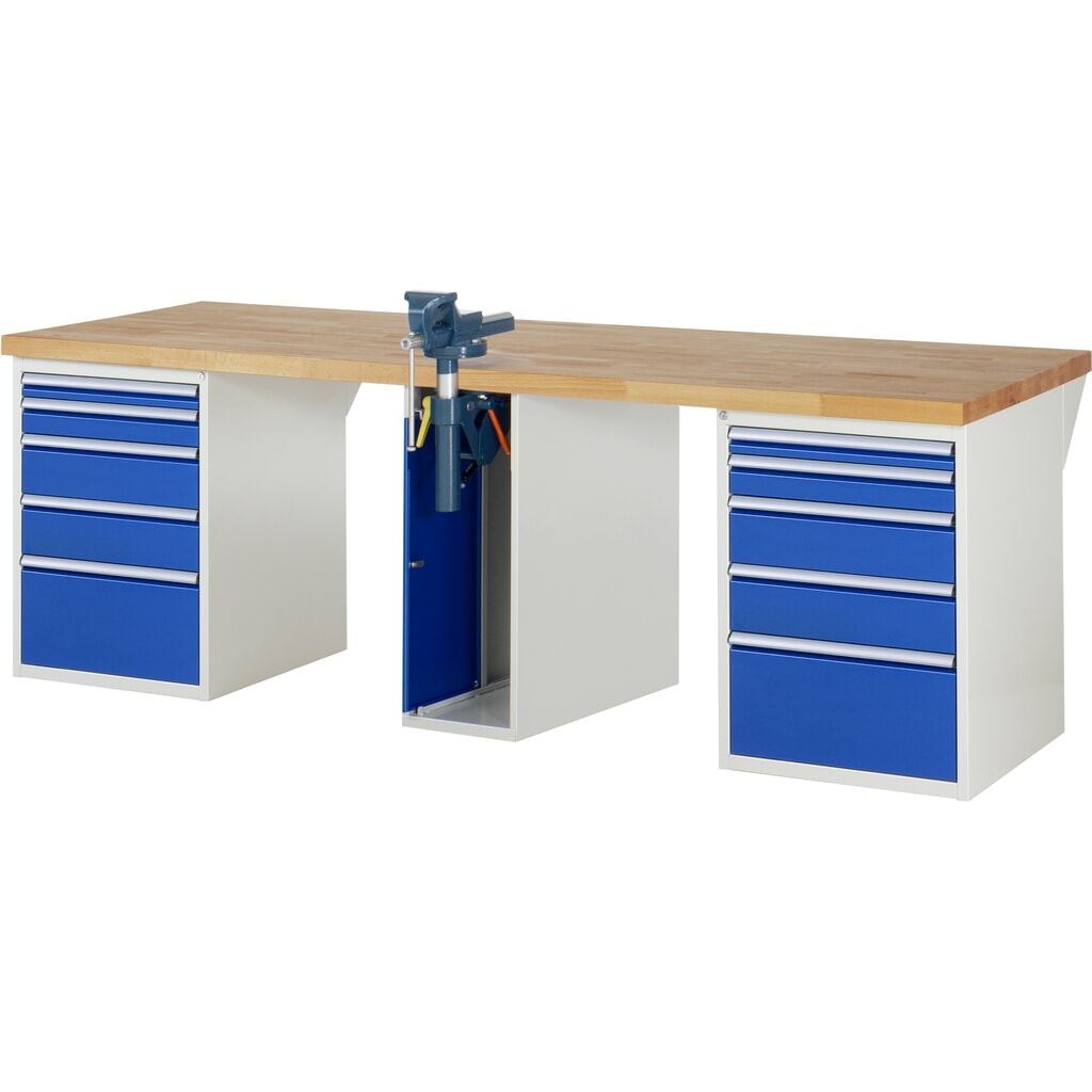 RAU Banco da lavoro Serie 7000, HxLxP 890 x 2.500 x 900 mm, 2 contenitori nella base, ciascuno con 5 cassetti e morsa da banco centrale retrattile Immagine del prodotto: RAU Banco da lavoro Serie 7000, HxLxP 890 x 2.500 x 900 mm, 2 contenitori nella base, ciascuno con 5 cassetti e morsa da banco centrale retrattile